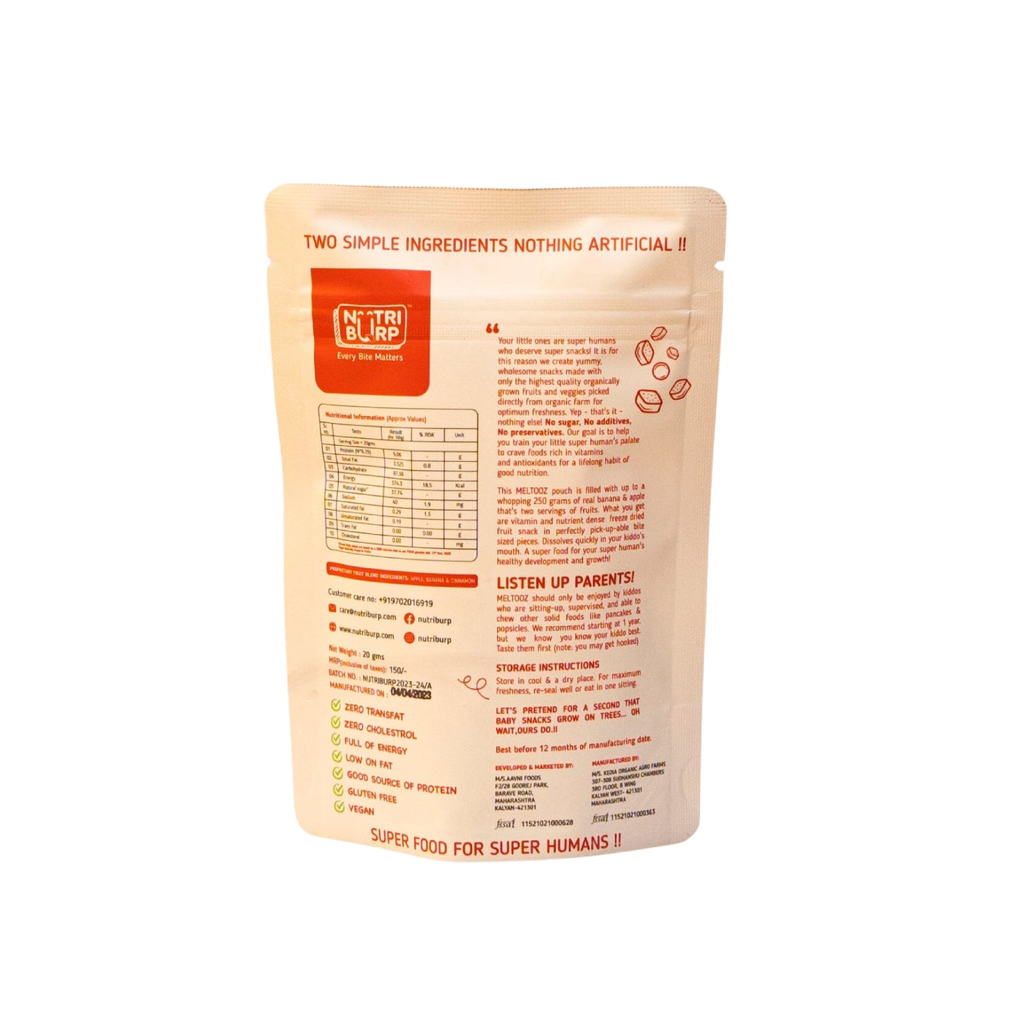 NutriBurp Apple Fruit Puff pack back label showing ingredients and nutrition facts
