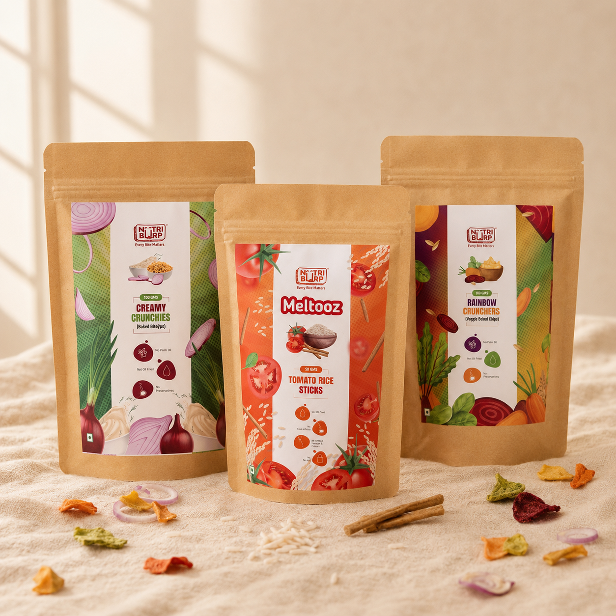 NutriBurp Savory Crunch Trio bundle — Creamy Crunchies, Rainbow Crunches and Tomato Rice Sticks, Pack of 5 each