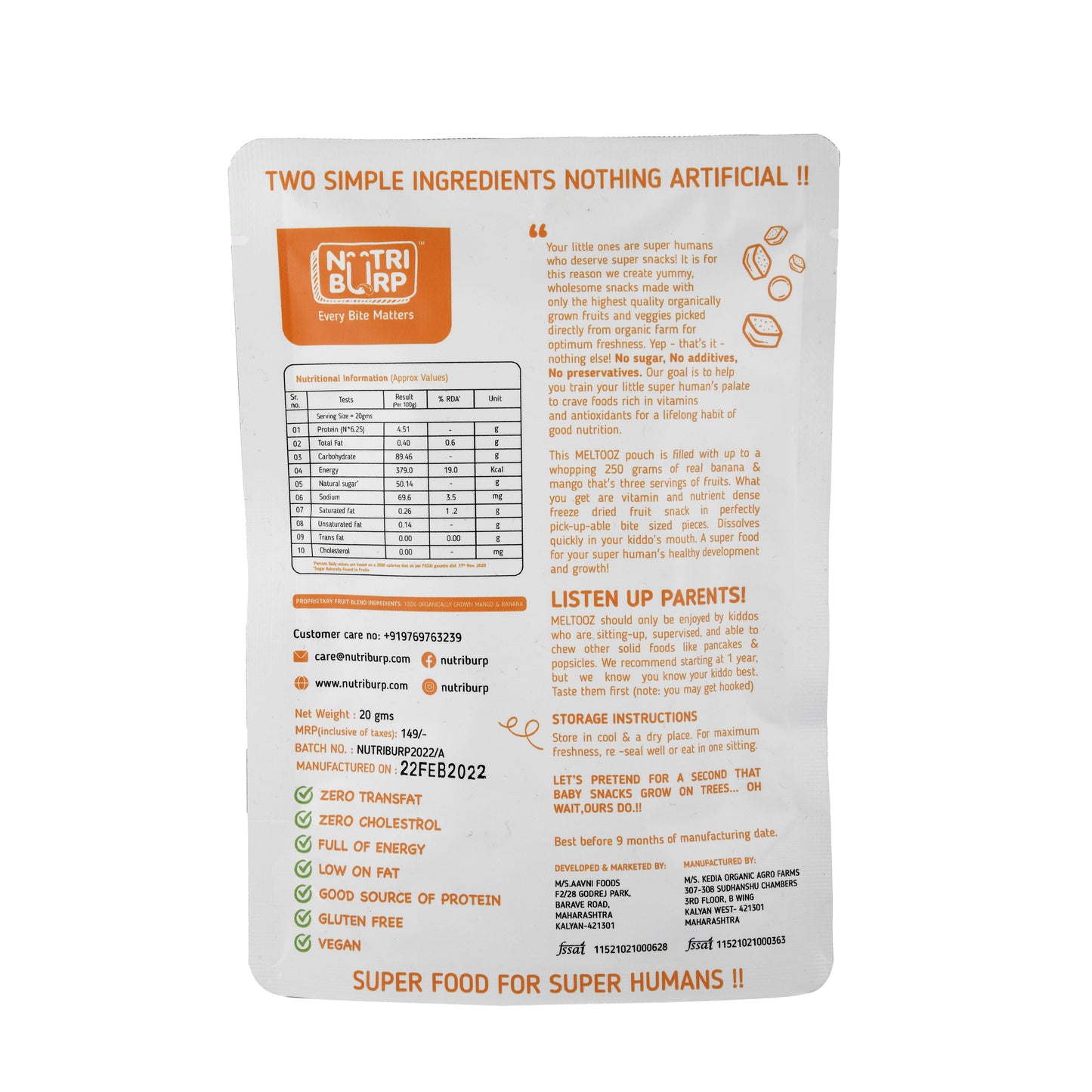NutriBurp Mango Fruit Puff pack back label showing ingredients and nutrition facts