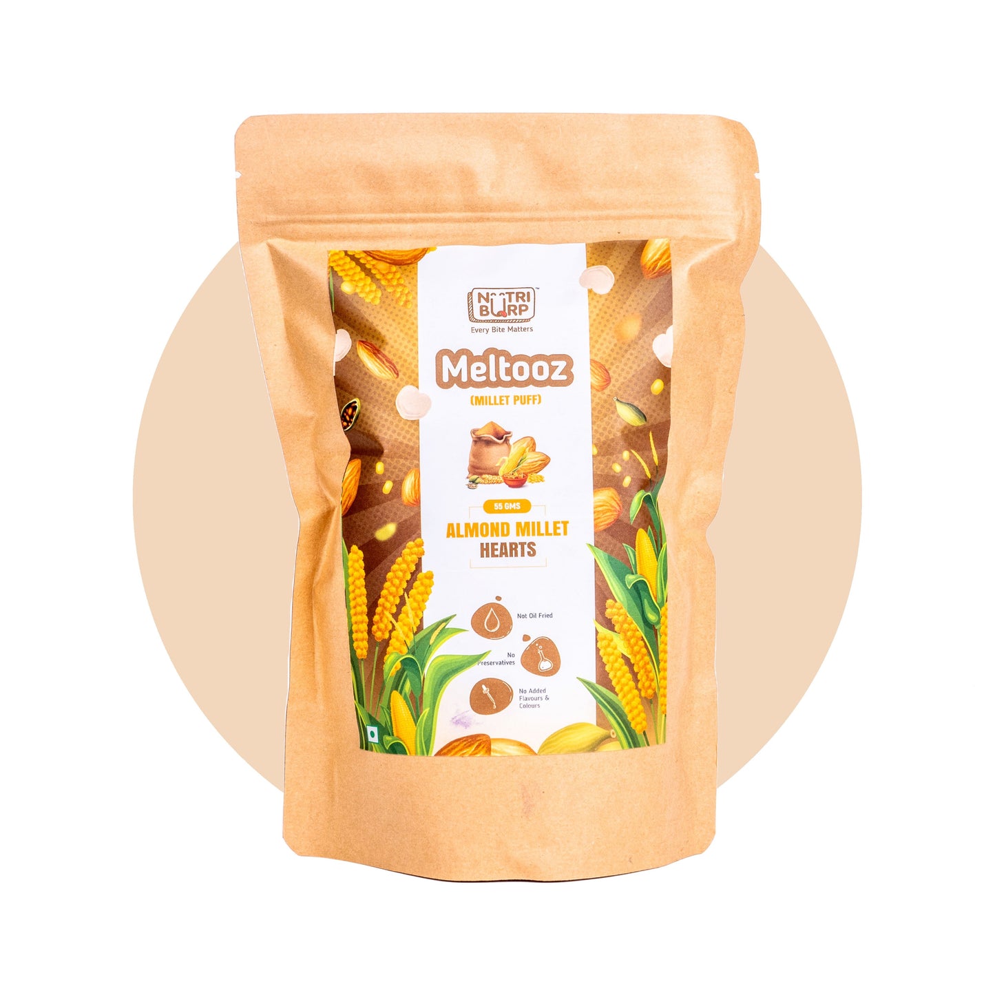 NutriBurp Almond Heart Millet Puff pack — baked multigrain snack for kids, no maida, no palm oil