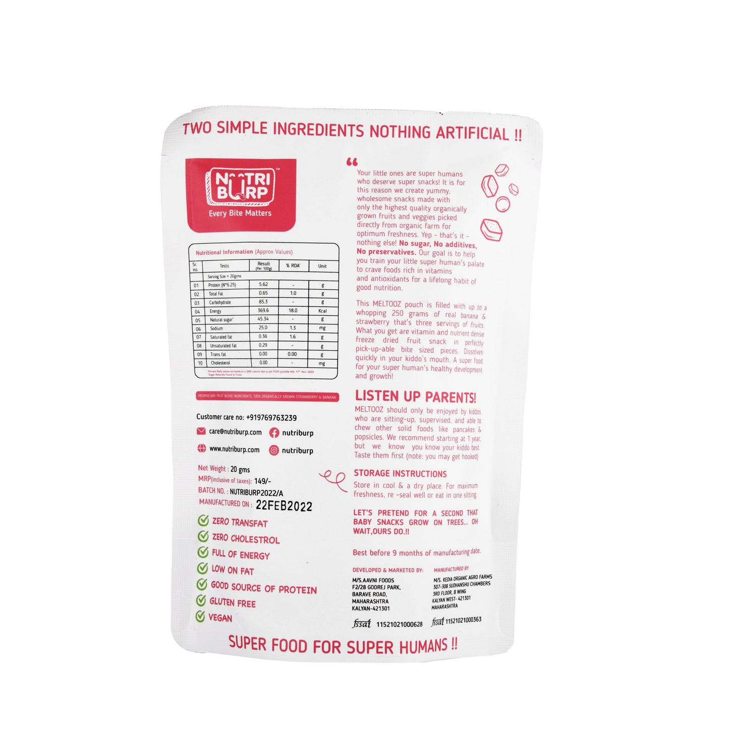 NutriBurp Strawberry Fruit Puff pack back label showing ingredients and nutrition facts