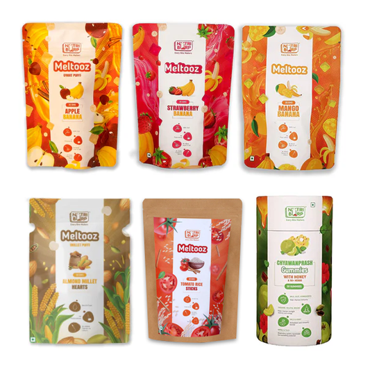 NutriBurp Starter Combo pack listing image showing gummies, millet puff and fruit puff