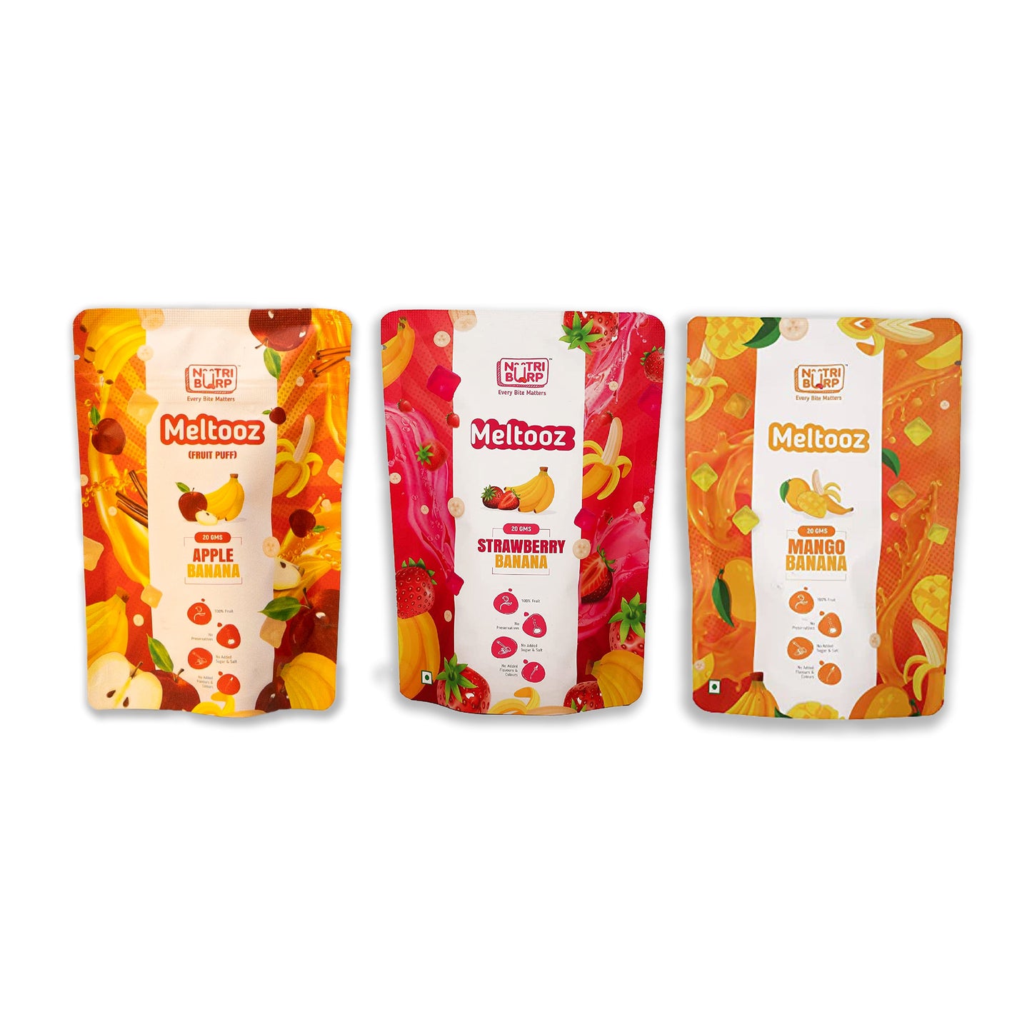 Apple +Mango + Strawberry Meltooz (20g each) - Ideal for 9 Months+ Baby & Toddler Food nutriburp Pack of 3