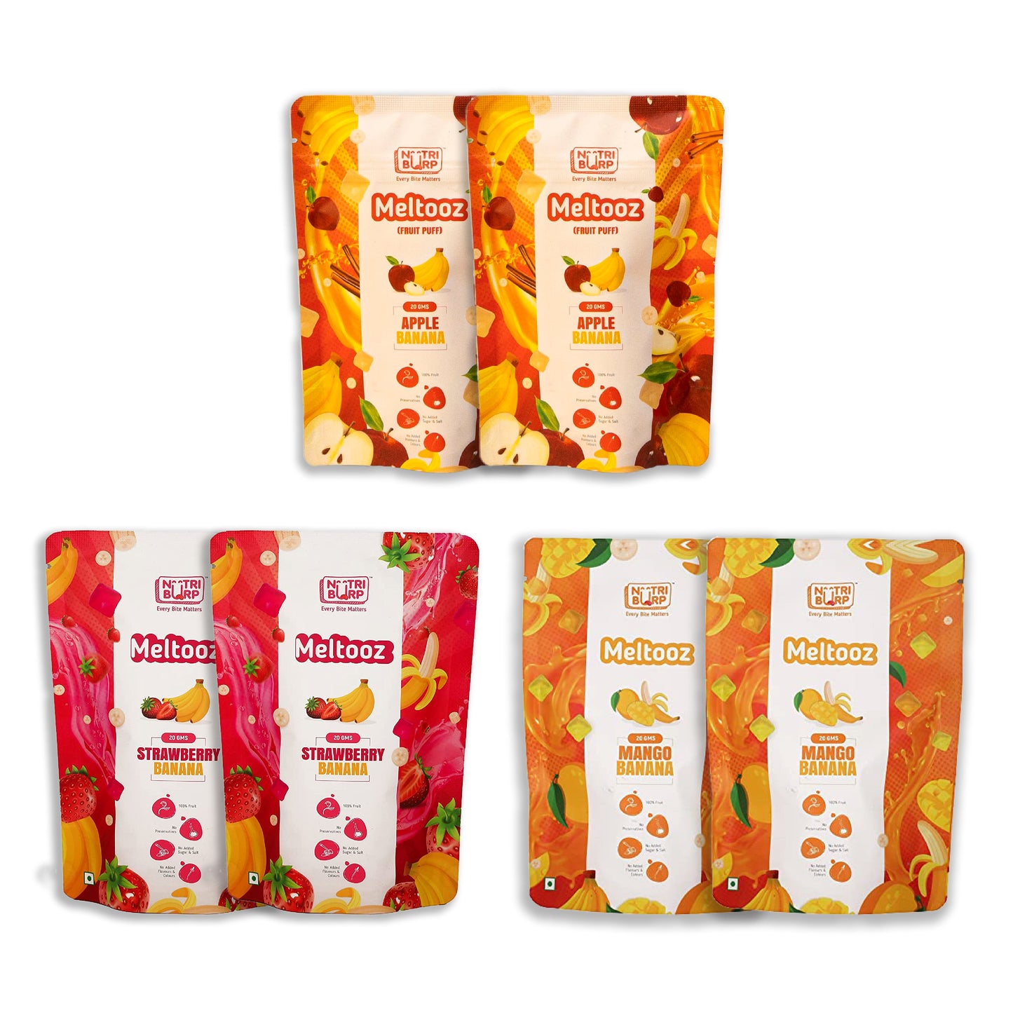 Apple +Mango + Strawberry Meltooz (20g each) - Ideal for 9 Months+ Baby & Toddler Food nutriburp Pack of 6