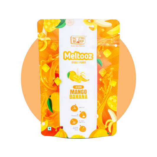 NutriBurp Mango Fruit Puff pack — freeze-dried mango snack for kids, no added sugar